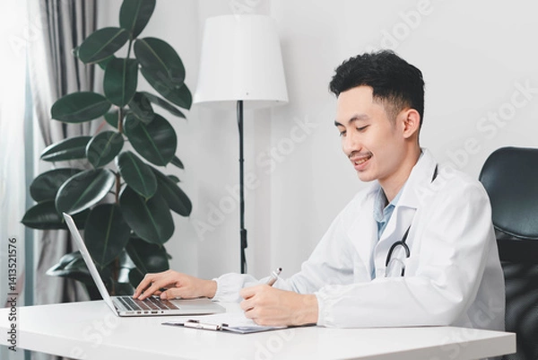 Obraz Man doctor working on laptop computer searching the information and using digital tablet at doctor's office. Medical student using computer, healthcare and medicine concept.
