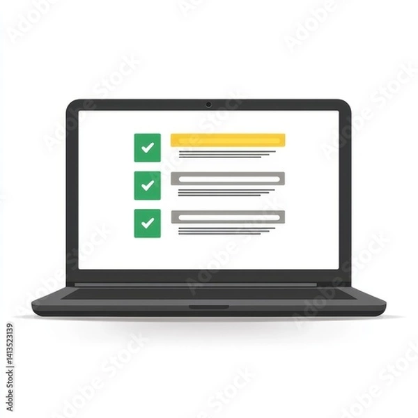 Obraz Laptop Displaying Checklist with Completed Tasks and Colorful Highlights for Project Management or Productivity Applications in Minimalistic Style