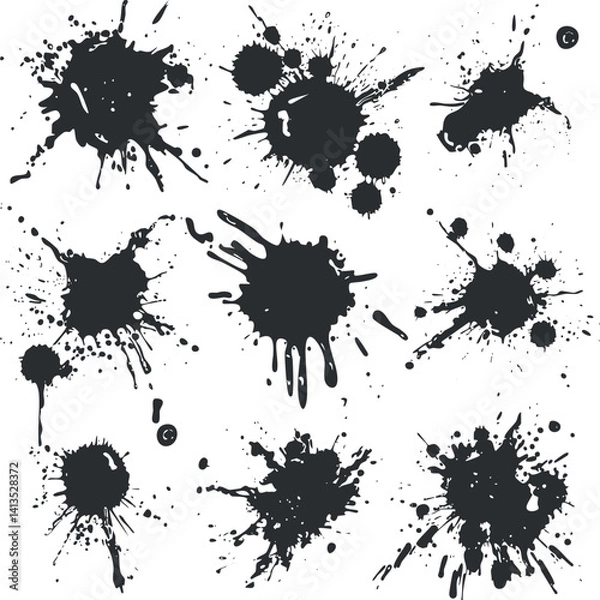 Fototapeta Collection of black ink splashes and paint splatters for artistic and design purposes.