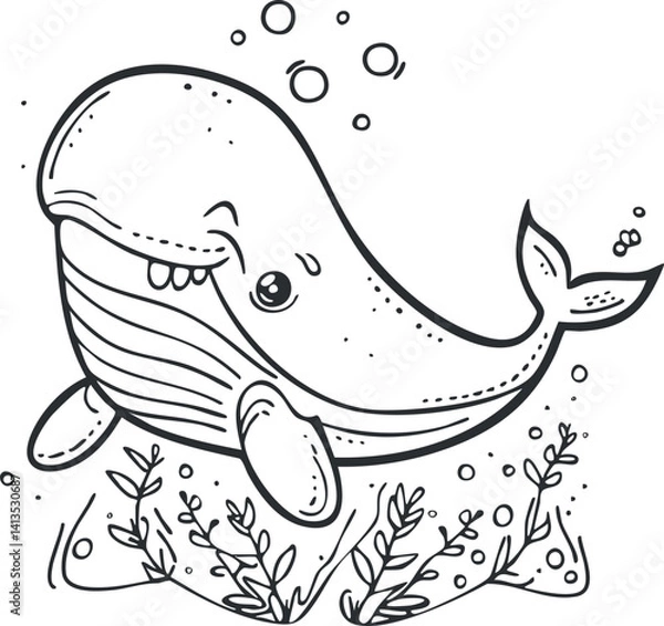 Fototapeta A cute cartoon whale smiling underwater surrounded by bubbles and seaweed in a playful design.