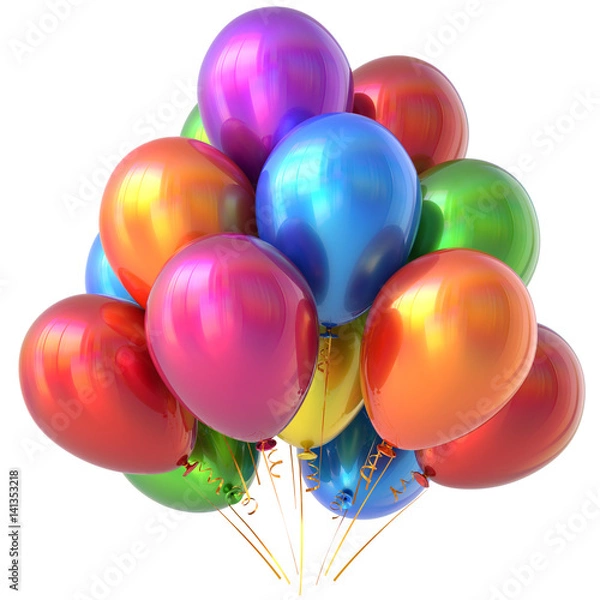 Obraz Balloons happy birthday party decoration colorful multicolored glossy. Holiday anniversary celebrate new years eve christmas carnival greeting card design element. 3D illustration