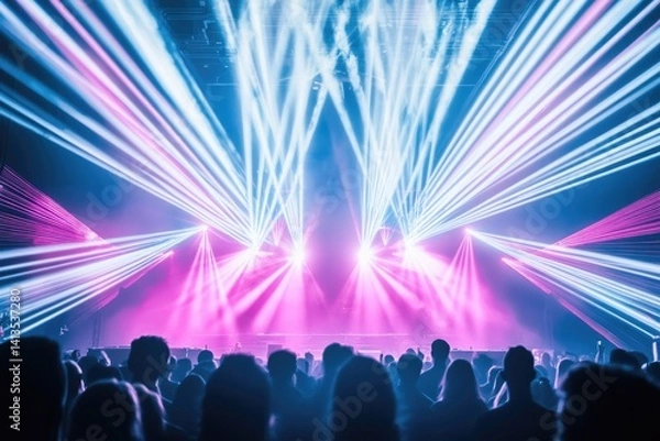 Fototapeta Vibrant laser lights illuminate a crowded concert venue, creating an electrifying atmosphere.