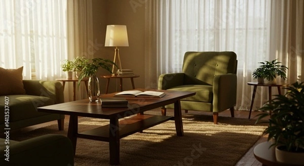 Fototapeta Golden Light Through Cozy Living Room Curtains