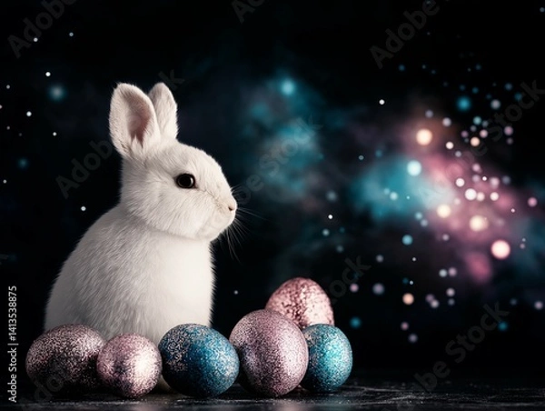 Fototapeta Cute white bunny with colorful Easter eggs in cosmic setup.  Creative minimal Easter holiday concept.	