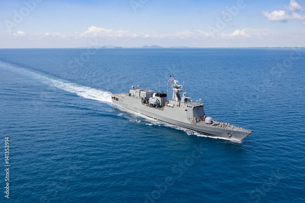 Obraz Grey modern warship, helicopter view