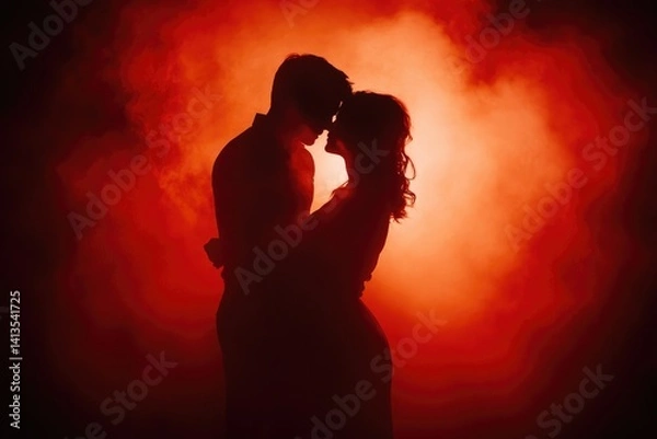 Fototapeta Silhouette of a couple embracing passionately against a fiery red backdrop.