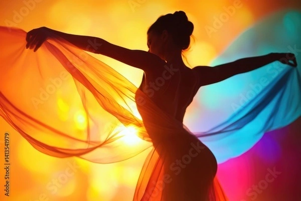 Fototapeta Silhouette of a ballerina gracefully dancing with flowing fabric against a vibrant sunset backdrop.