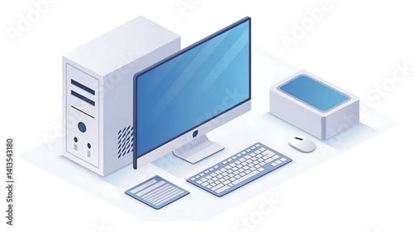 Fototapeta Isometric illustration of a desktop computer setup with a monitor, keyboard, and mouse on a white surface