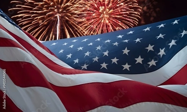 Fototapeta A bold and patriotic composition featuring the iconic American colors — red, white, and blue. Incorporate elements like flowing fabric, stars and stripes, fireworks in the night sky