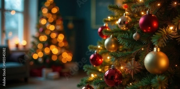 Obraz Festive Christmas tree decorated with ornaments and lights in a cozy room, holiday, ornaments, decorated
