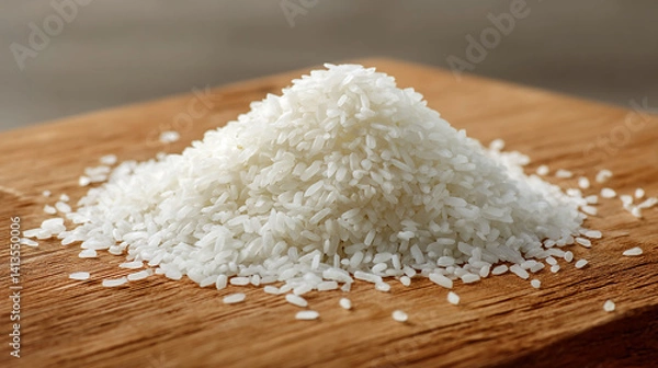 Fototapeta Pile of white rice grains scattered on wooden surface