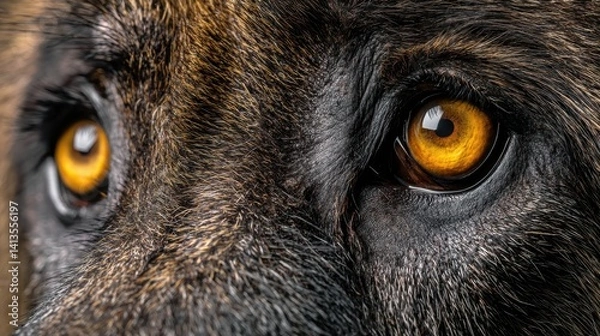 Fototapeta Wild Canine Eyes Closeup Glowing Amber, Detailed Fur and Intense Gaze, Macro Shot of Predator Focus, Expressive Animal Portrait, Nature Watchfulness in Jungle Light
