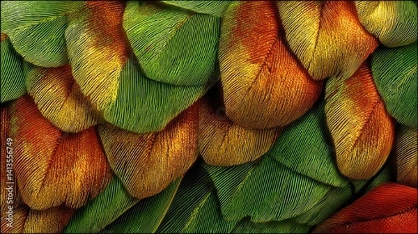 Fototapeta Parrot Feather Closeup Vibrant Texture, Colorful Plumage in Green Yellow Red, Macro View of Tropical Bird, Fine Detail and Structure, Nature’s Pattern and Jungle Beauty
