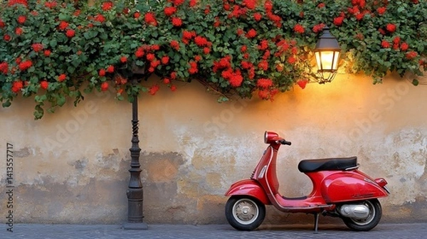 Fototapeta Red   scooter parked by a wall adorned with vibrant red roses.  Golden hour light bathes the scene