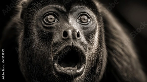 Fototapeta Howler Monkey Closeup Intense Eyes, Expressive Primate Portrait in Black and White, Jungle Mammal Macro Texture, Emotional Wildlife Detail, Deep Forest Atmosphere