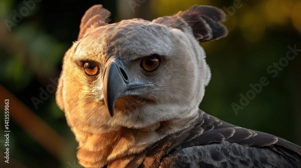 Fototapeta Wildlife Majesty Harpy Eagle Closeup, Intense Gaze of Raptor, Feather Detail and Sharp Beak, Portrait in Jungle Light, Nature Conservation Symbol