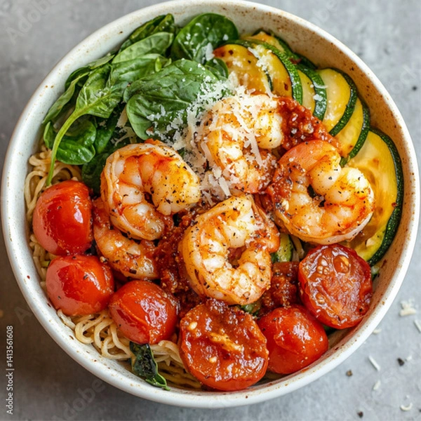 Fototapeta Pomodoro Bowl with Sautéed Shrimp, Roasted Cherry Tomatoes, Zucchini, Baby Spinach, Brown Rice Noodles, a Pomodoro Sauce, Shaved Parmesan, Basil and Chili Flakes