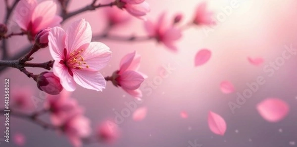 Fototapeta Soft pink sakura petals gently floating in air against serene spring background, fall, garden, soft