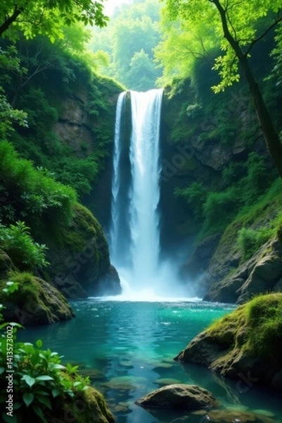 Obraz Waterfall with lush greenery, landscape, tranquil