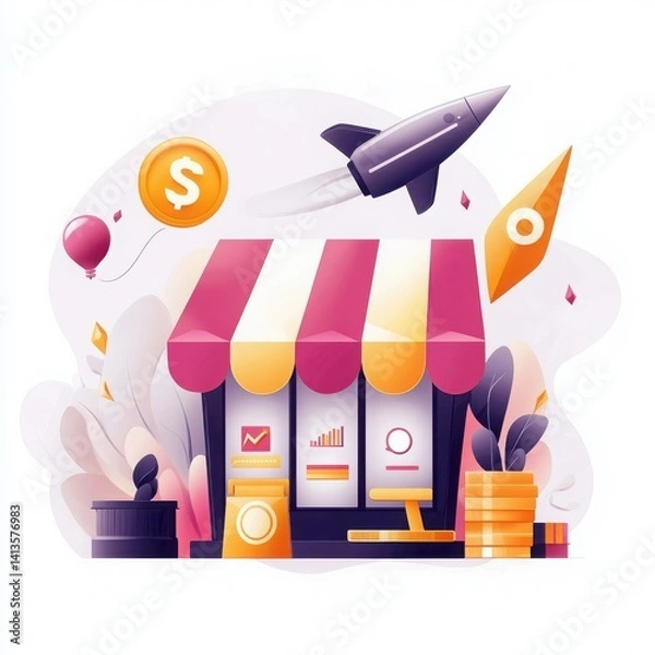 Fototapeta Playful online store illustration showcasing growth charts and business success digital art colorful environment creative perspective