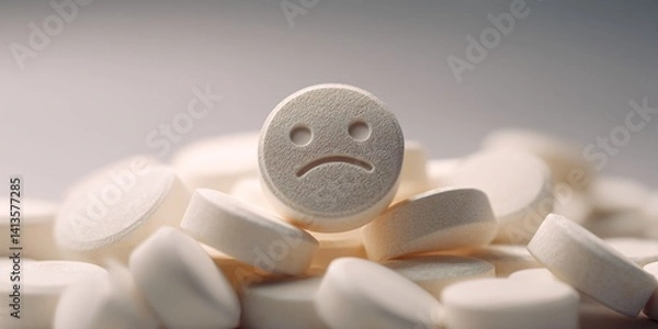 Fototapeta White tablets with a frowning face symbolizing sadness and health concerns on a blurred background
