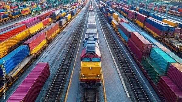 Fototapeta Cargo train hauling intermodal containers viewed from above, rail transportation