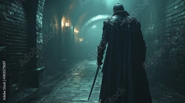 Obraz Mysterious Figure in a Dark Atmospheric Alleyway with Sword and Lanterns