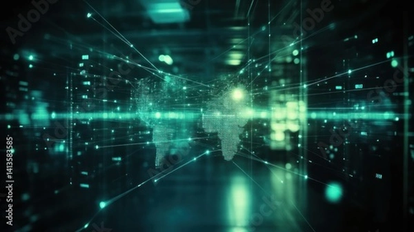 Fototapeta Global Network Connections Digital World Map with Illuminated Nodes and Data Streams