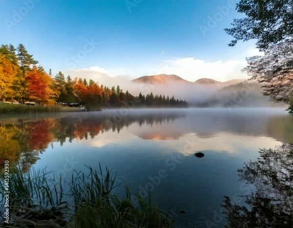 Obraz Foggy Morning Lake with Reflection – Stillness, calm, and peaceful vibes.
