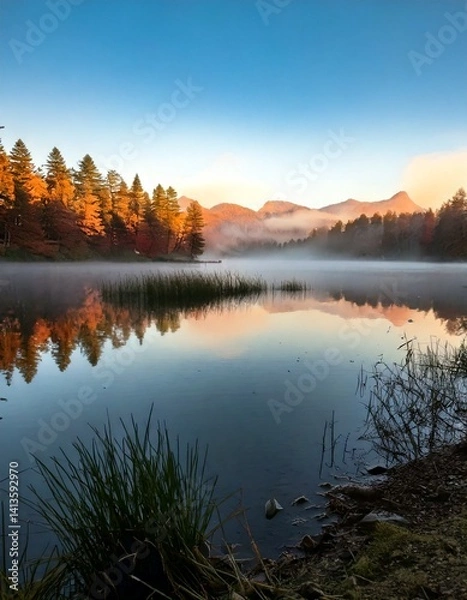 Obraz Foggy Morning Lake with Reflection – Stillness, calm, and peaceful vibes.