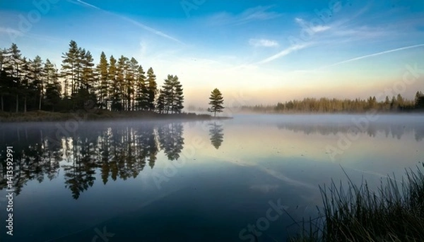 Obraz Foggy Morning Lake with Reflection – Stillness, calm, and peaceful vibes.