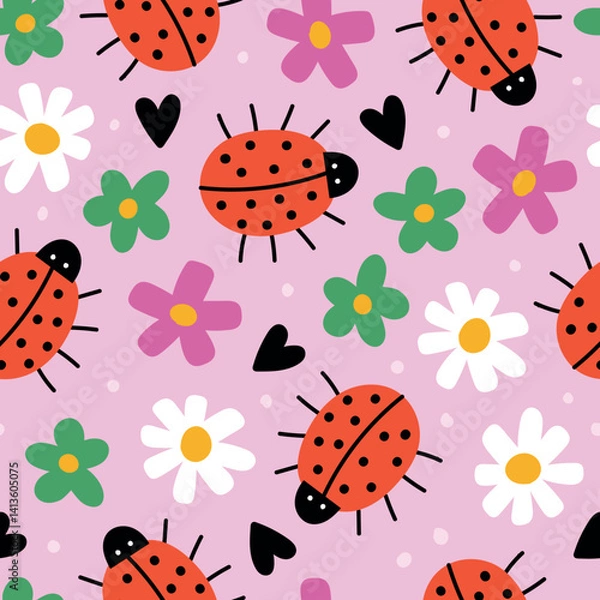 Fototapeta Ladybug Pattern Spring Floral Background