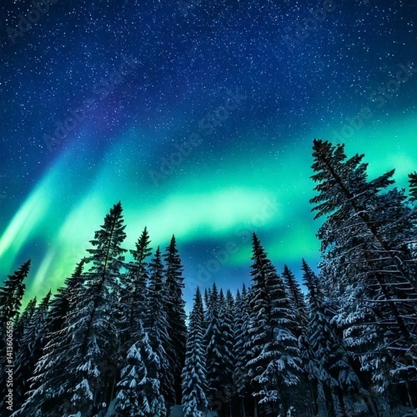 Obraz Aurora Borealis Over a Pine Forest – High visual impact, cool tones, and magic