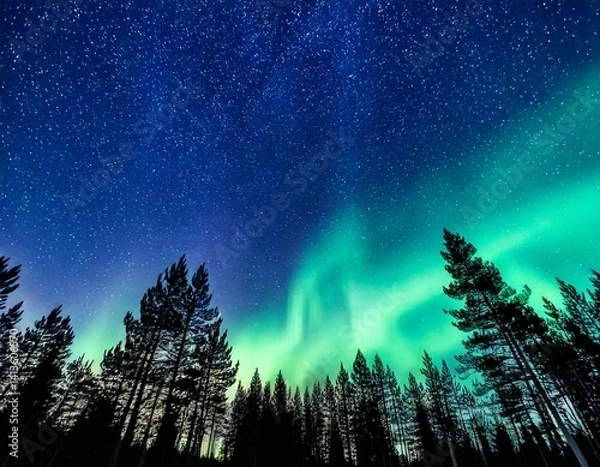 Obraz Aurora Borealis Over a Pine Forest – High visual impact, cool tones, and magic