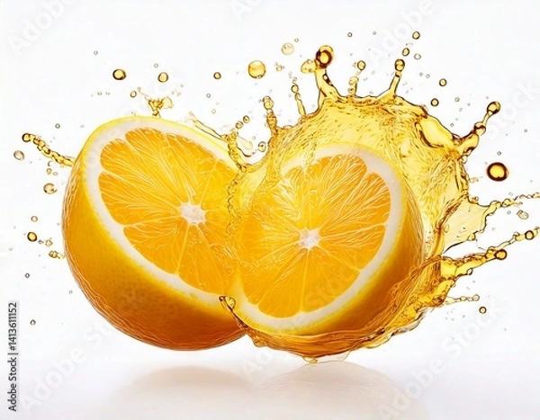 Fototapeta Cut lemon for two parts with splashing juice on a white isolated background. Generative AI. 