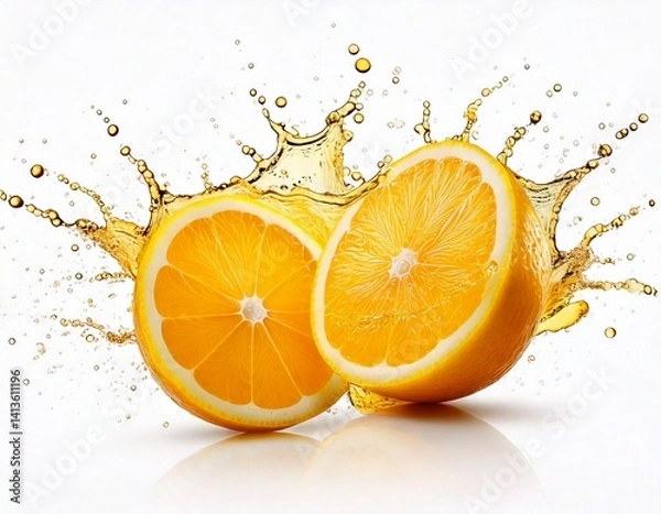 Fototapeta Cut lemon for two parts with splashing juice on a white isolated background. Generative AI. 