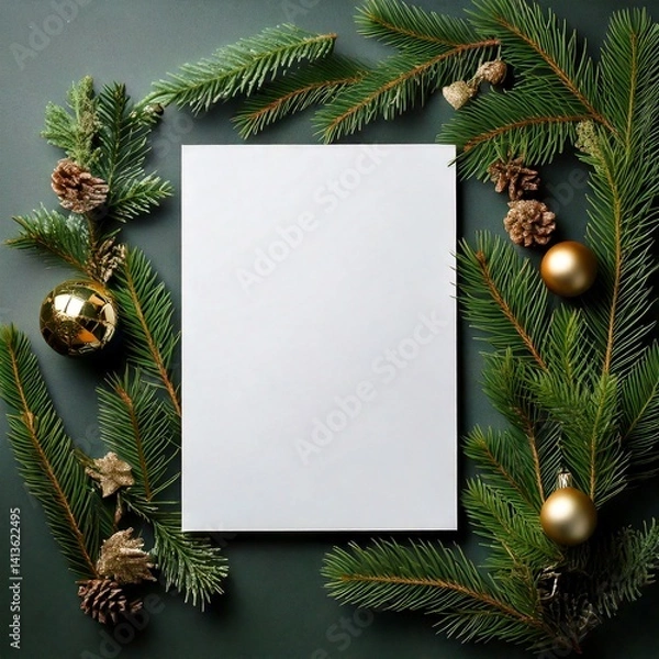 Obraz Golden Christmas card mockup with pine branches and ornaments on dark wood.