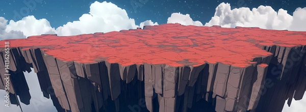 Obraz illustrating floating landmass, totally flat as if ripped from the earth, high in the clouds in ultrawide scene background