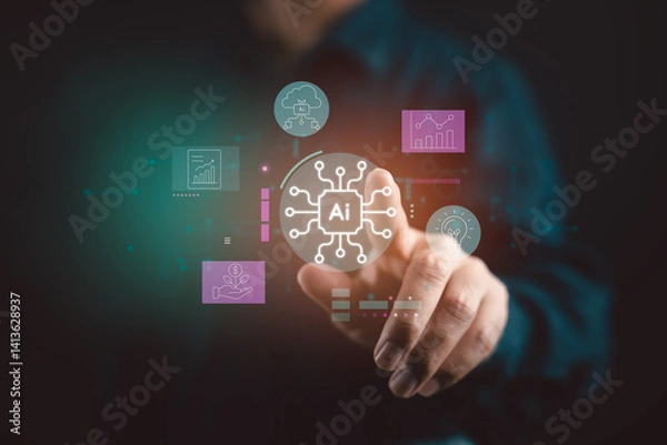 Fototapeta Artificial intelligence at the core of business innovation and data strategy.