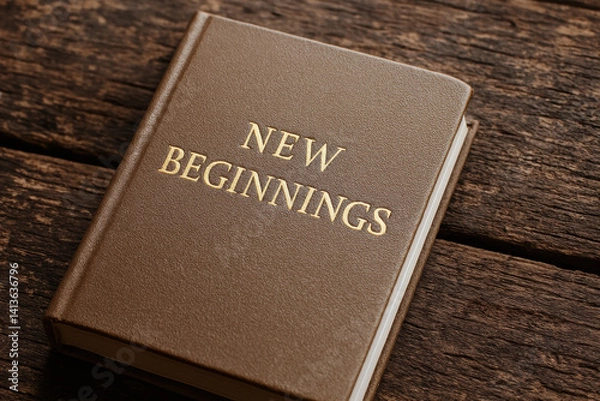 Fototapeta book titled New Beginnings rests rustic wooden surface, symbolizing fresh starts and opportunities. This visual serves as metaphor for ethical