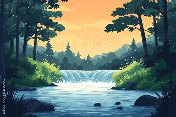 Fototapeta Tranquil Waterfall in a Verdant Forest at Sunset. A Serene Nature Landscape with Flowing River and Vibrant Reflections