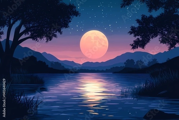 Fototapeta Enchanting Moonlit Landscape. Serene Reflection with Silhouetted Trees and Vibrant Twilight Colors
