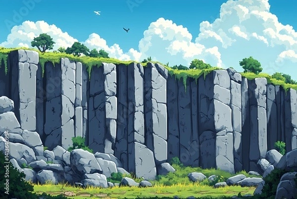 Fototapeta Adventure in the Scenic Wildernes. Cliffs, Textured Rocks, and Vibrant Landscapes Under a Blue Sky