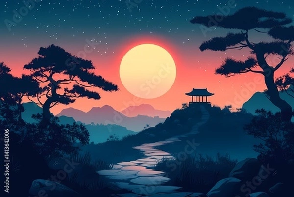 Fototapeta Serene Sunset over Asian Mountains. A Traditional Architecture Silhouette with Vibrant Colors and Evening Moonlight