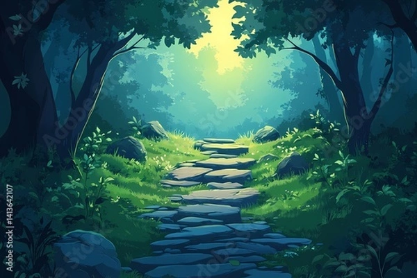 Fototapeta Tranquil Forest Pathway. Mystical Greenery and Sunlit Trees for an Idyllic Nature Escape