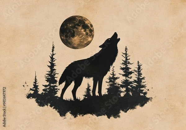 Obraz Howling Wolf Silhouette Underneath Full Moon Rustic Style Artwork