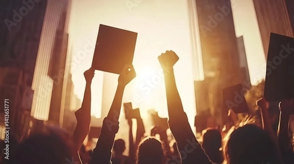 Fototapeta Activists Protesting at Sunset with Raised Fists and Blank Signs