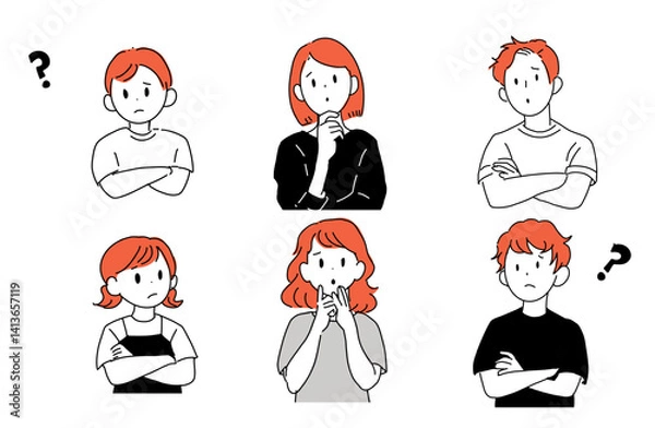 Obraz 疑問や悩みを抱える人々のイラストセット（白背景・上半身