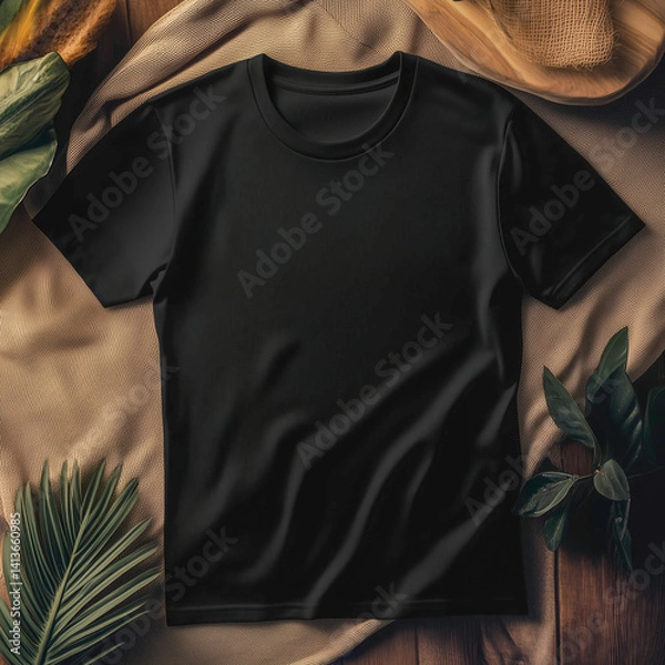 Fototapeta Blank black t-shirt template with plant leaves. Top view.