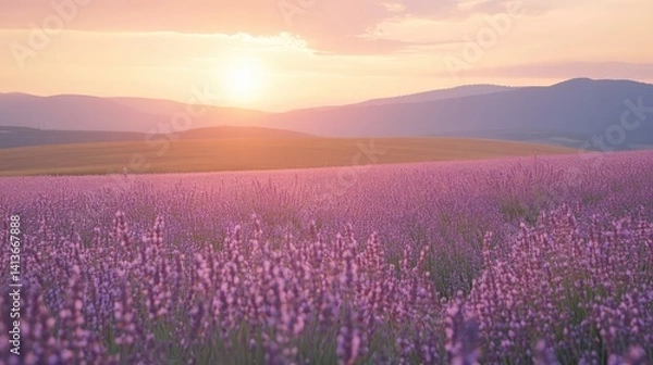 Fototapeta Diffused light in soft lavender and pink tones, creating a peaceful and soothing effect with copy space for text